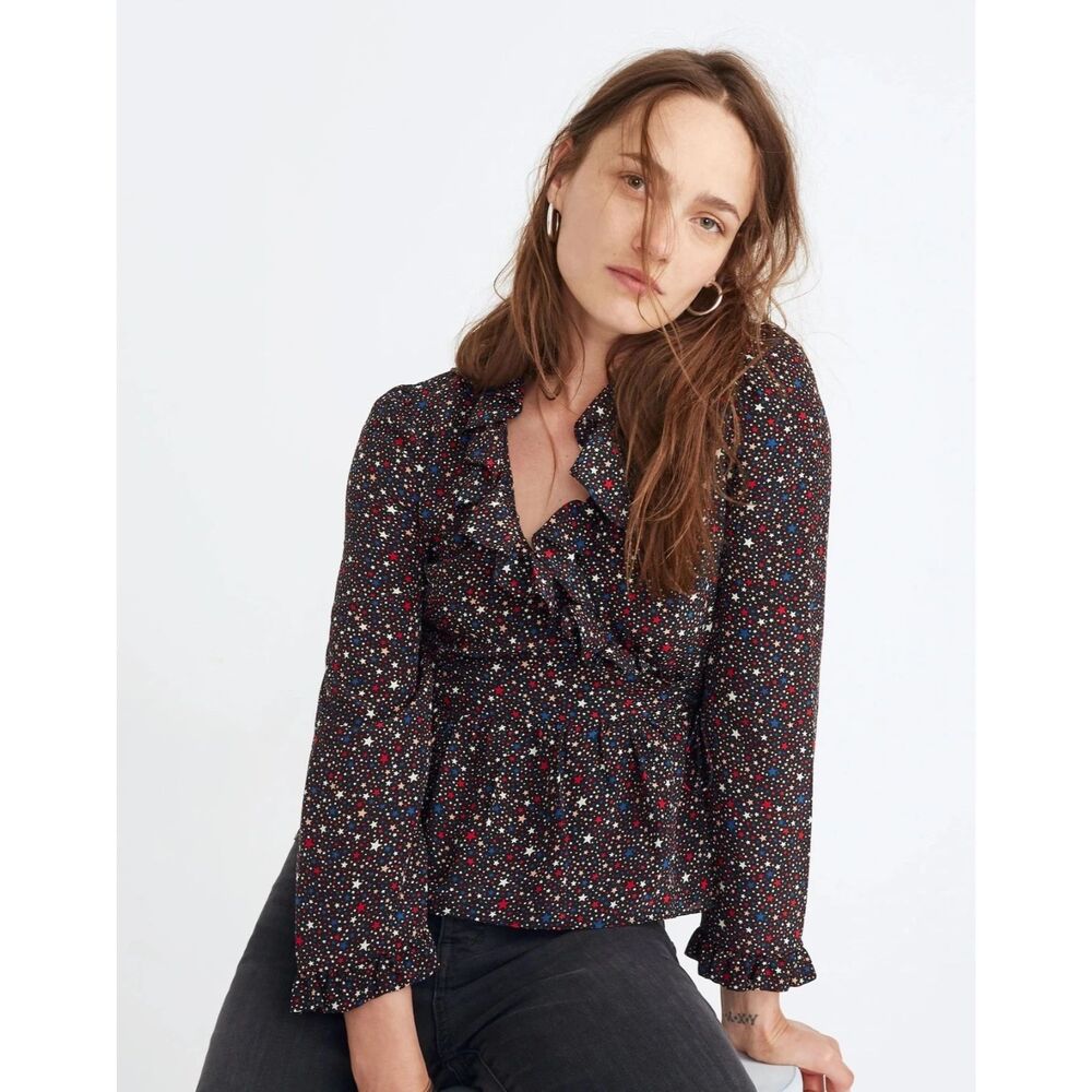 MADEWELL Silk Ruffle-Hem Wrap Top XS Starry Dark Mediterranean Print B24